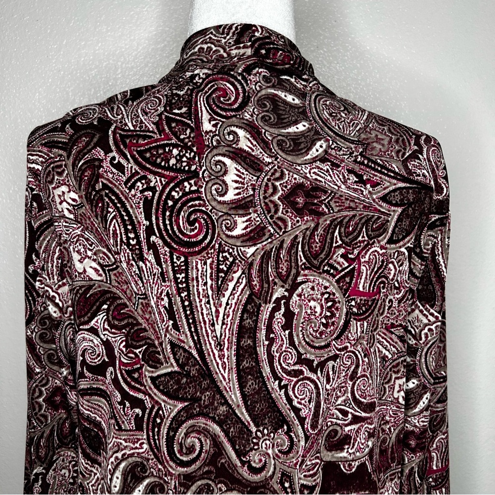 Chicos Easywear Womens Burgundy Tan Paisley Open Front Jersey Cardigan Size 2/ L - Picture 7 of 11